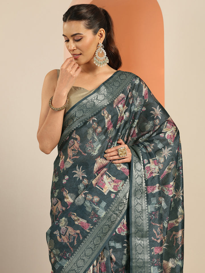 Navy blue Printed Silk Blend Saree With Unstitched Blouse Piece