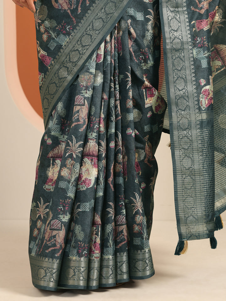 Navy blue Printed Silk Blend Saree With Unstitched Blouse Piece