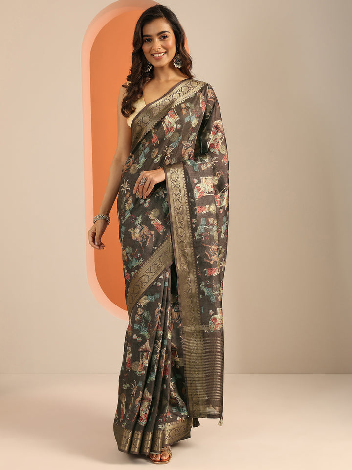 Brown Printed Silk Blend Saree With Unstitched Blouse Piece
