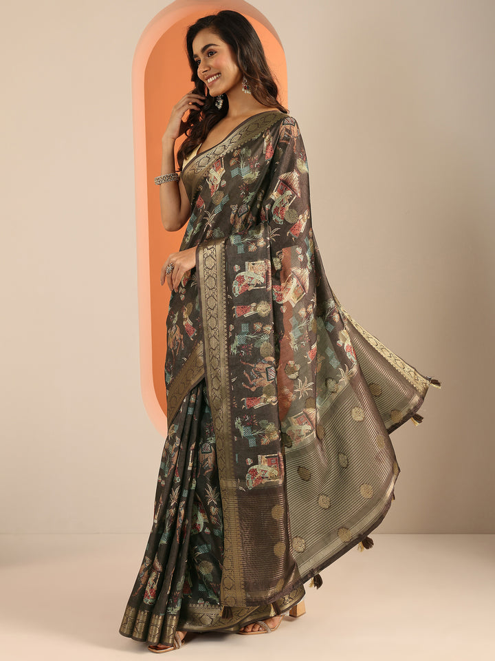 Brown Printed Silk Blend Saree With Unstitched Blouse Piece