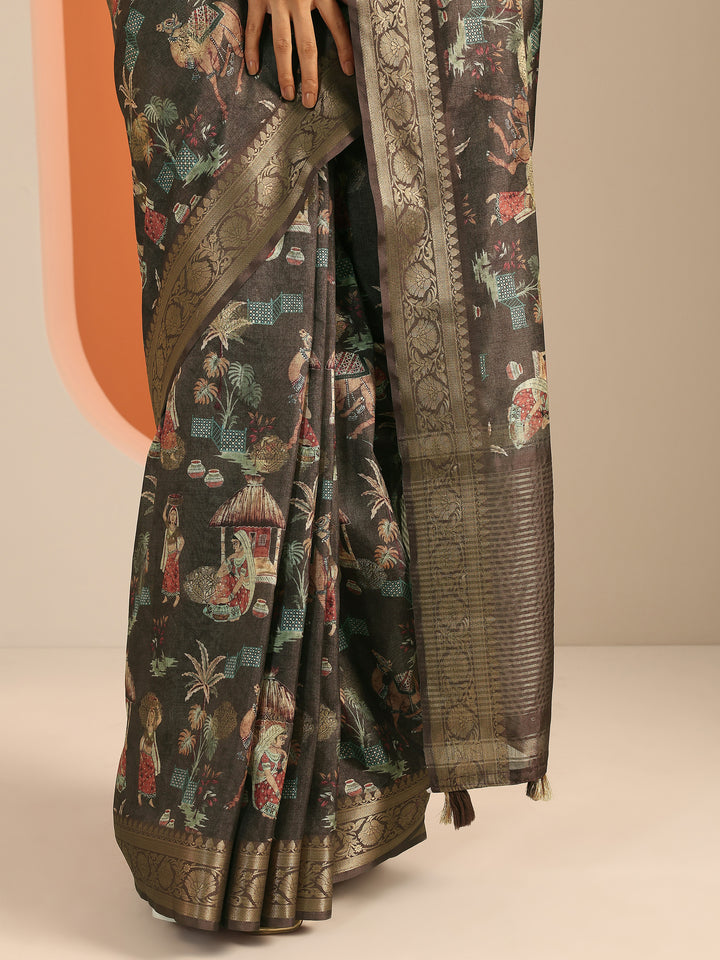 Brown Printed Silk Blend Saree With Unstitched Blouse Piece