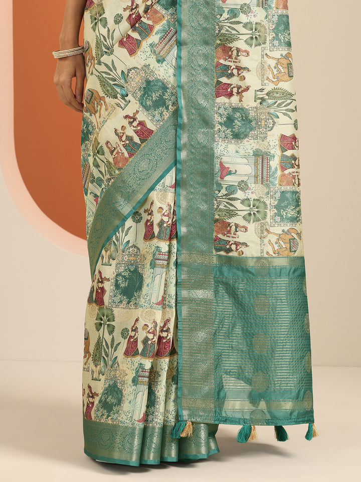Turquoise blue Printed Silk Blend Saree With Unstitched Blouse Piece