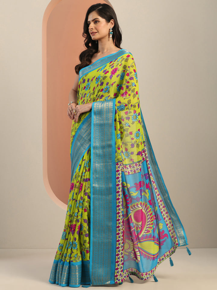 Green Printed Georgette Saree With Unstitched Blouse Piece