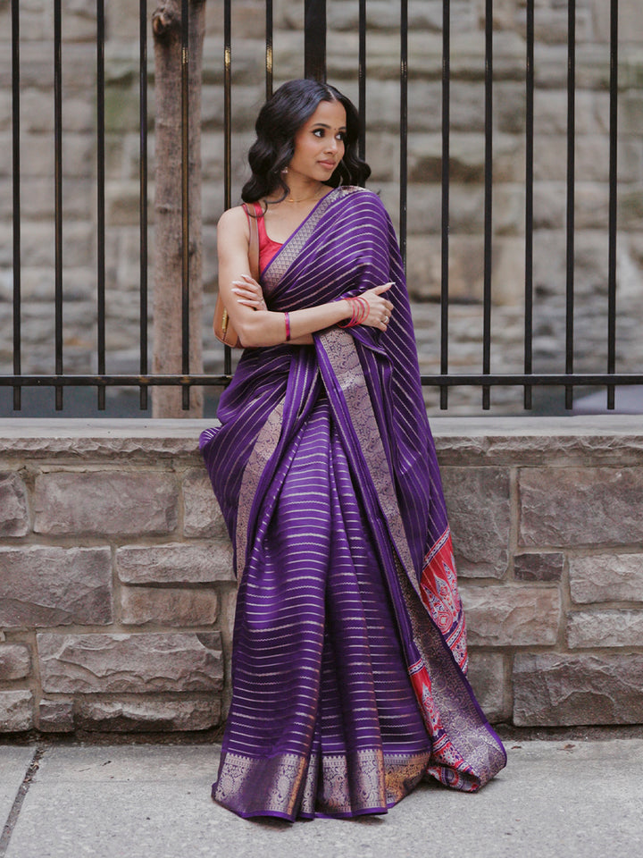 Purple Woven Design Georgette Saree With Unstitched Blouse Piece