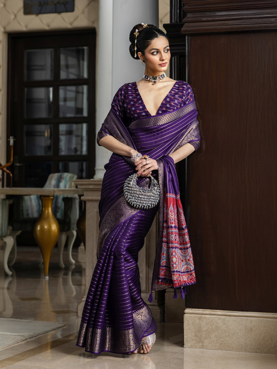 Purple Woven Design Georgette Saree With Unstitched Blouse Piece