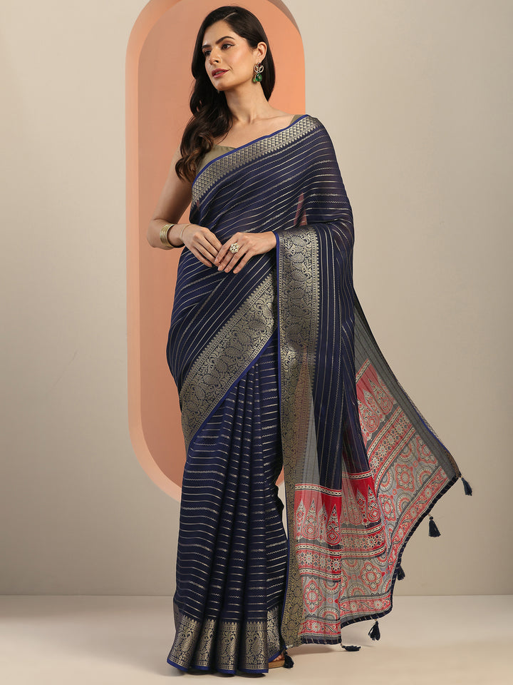 Navy blue Woven Design Georgette Saree With Unstitched Blouse Piece