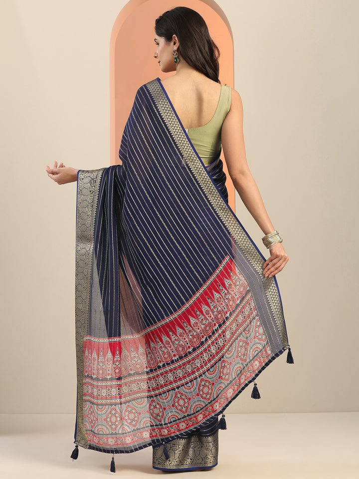 Navy blue Woven Design Georgette Saree With Unstitched Blouse Piece