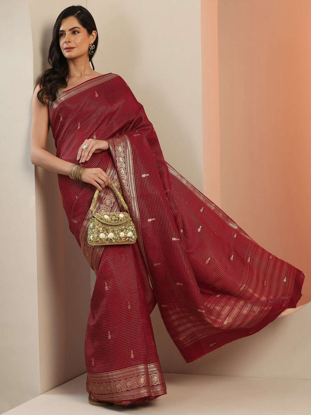 Maroon Woven Design Silk Blend Saree With Unstitched Blouse Piece