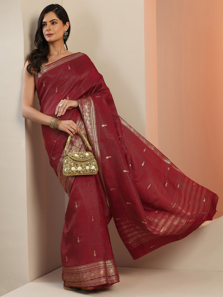 Maroon Woven Design Silk Blend Saree With Unstitched Blouse Piece