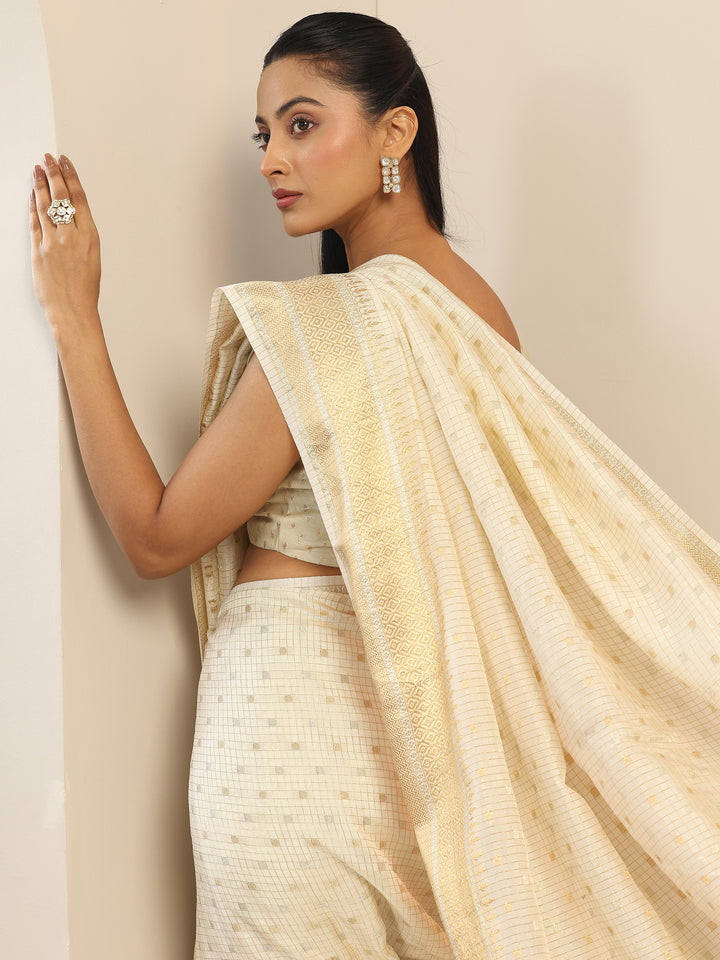 Cream Woven Design Silk Blend Saree With Unstitched Blouse Piece