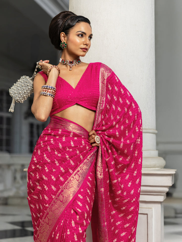 Pink Printed Silk Blend Saree With Unstitched Blouse Piece