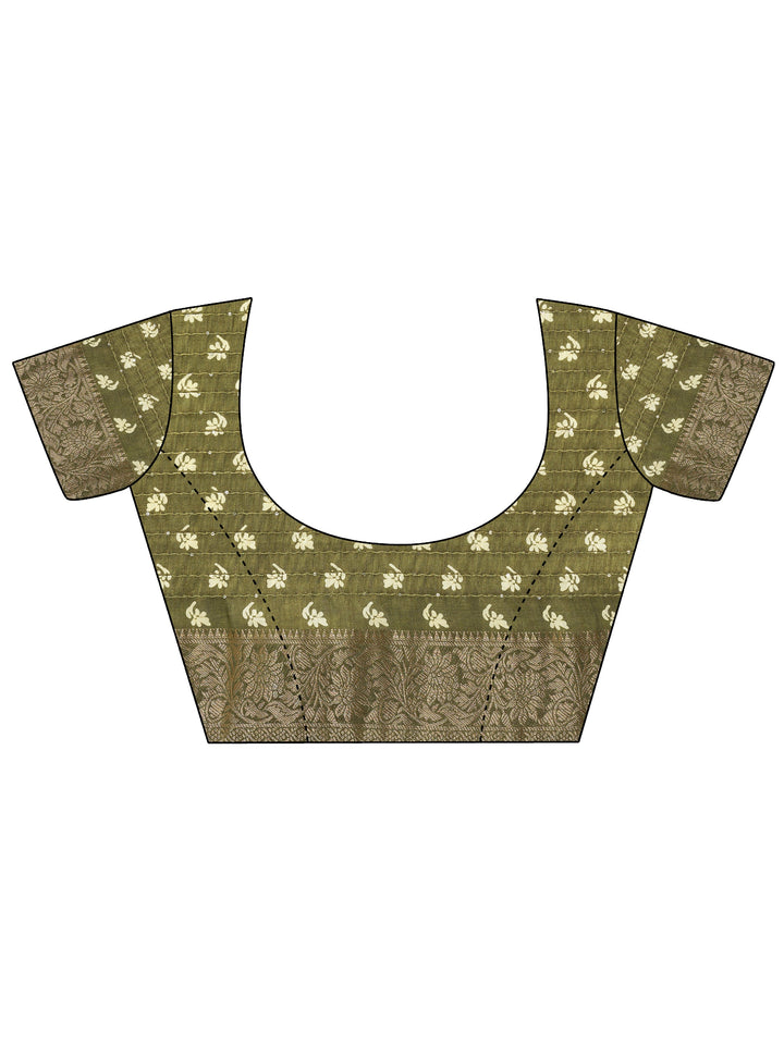 Olive Printed Silk Blend Saree With Unstitched Blouse Piece