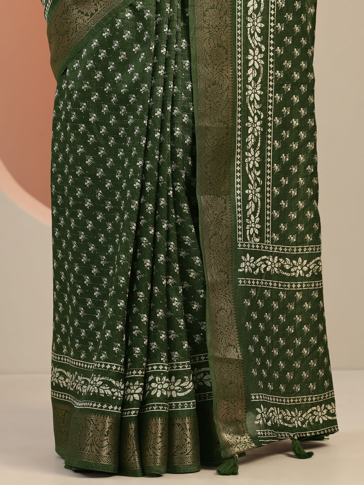 Green Printed Silk Blend Saree With Unstitched Blouse Piece