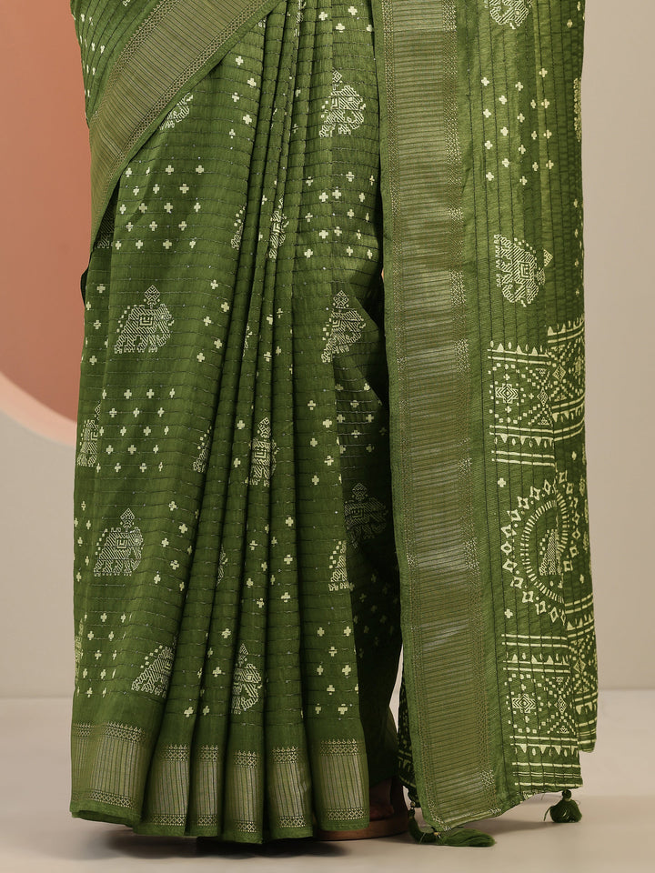 Green Printed Silk Blend Saree With Unstitched Blouse Piece