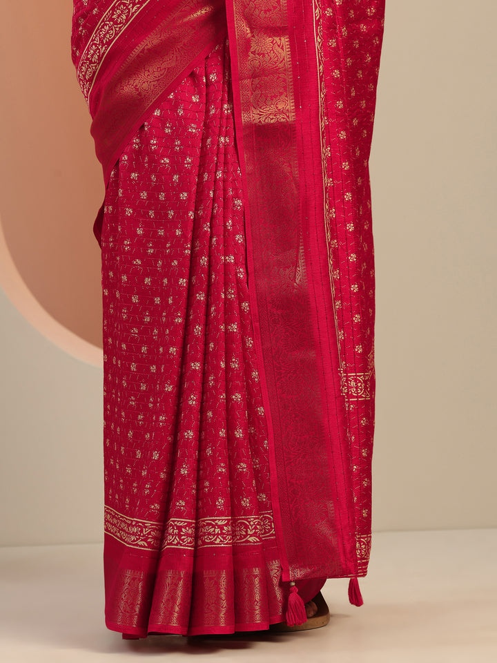 Pink Printed Silk Blend Saree With Unstitched Blouse Piece