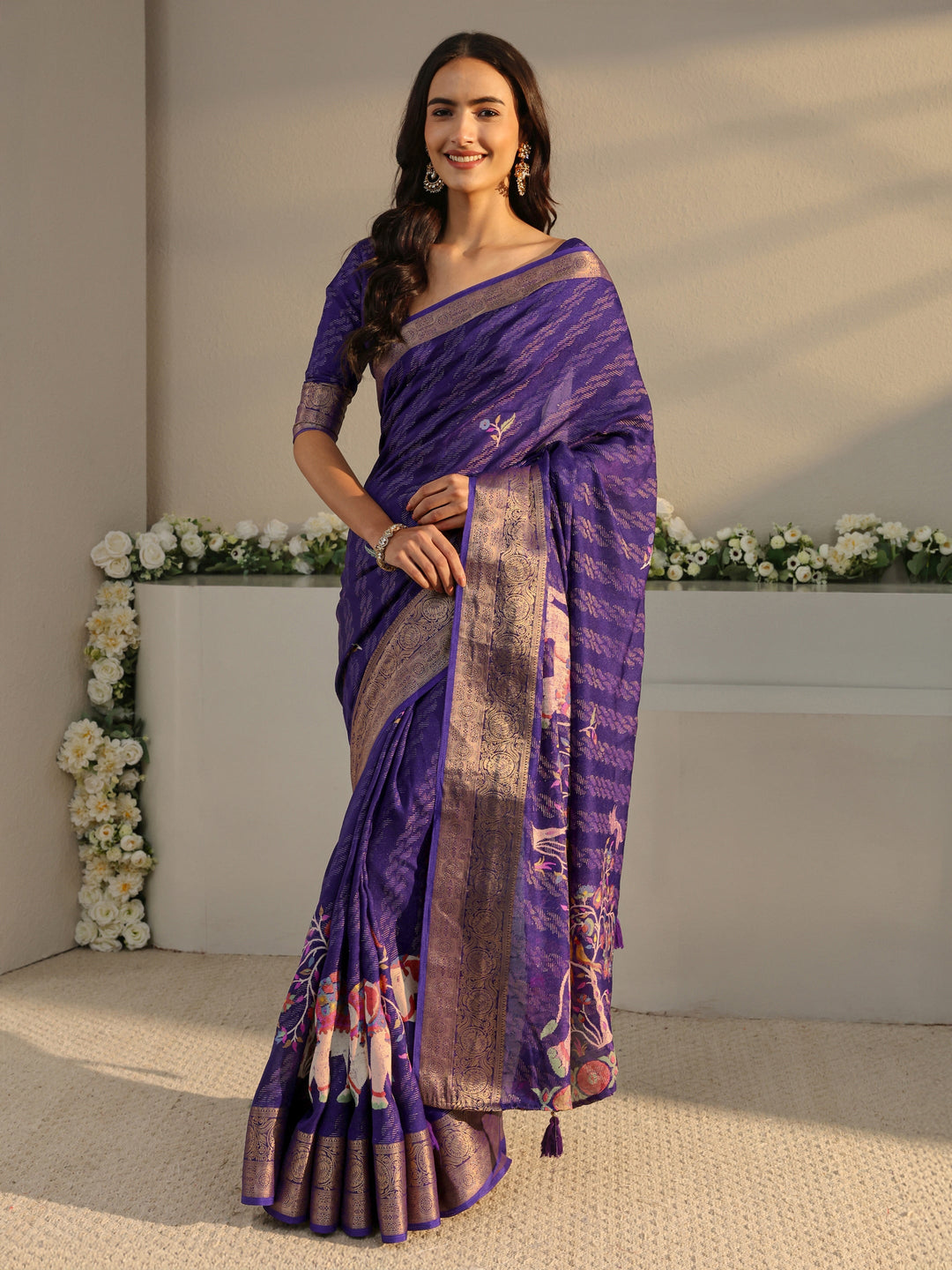 Purple Printed Georgette Saree With Unstitched Blouse Piece
