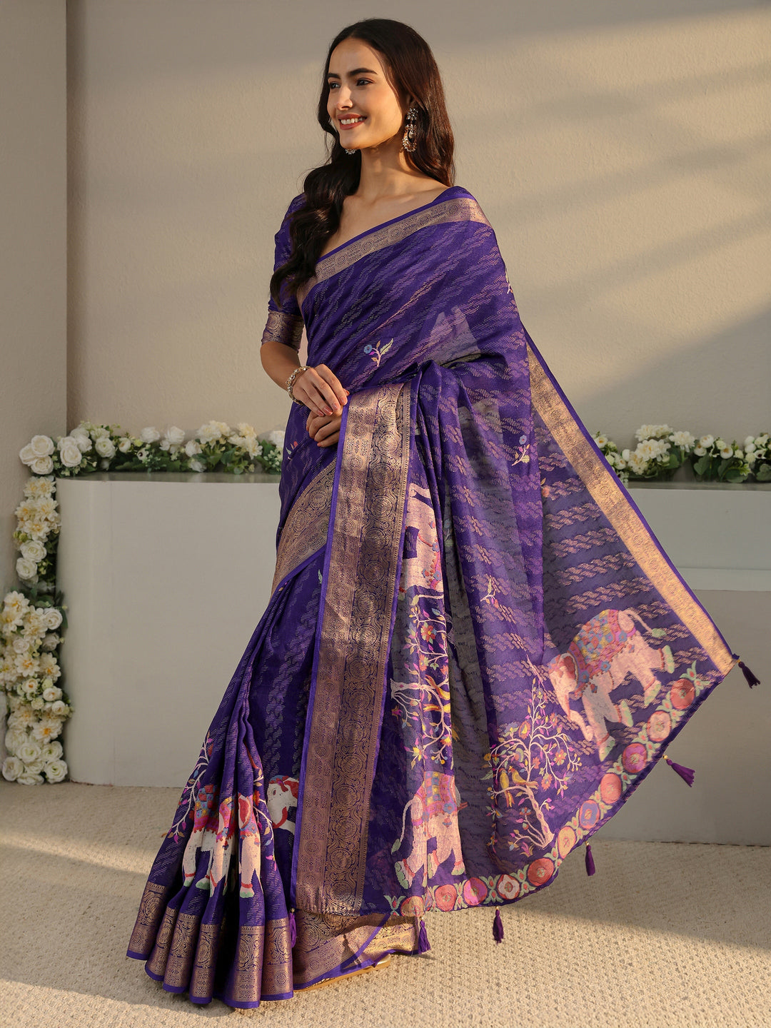 Purple Printed Georgette Saree With Unstitched Blouse Piece