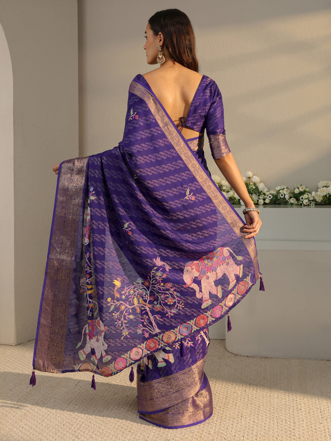Purple Printed Georgette Saree With Unstitched Blouse Piece