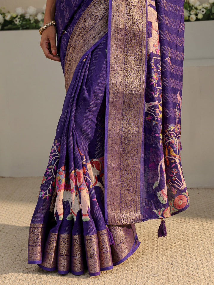 Purple Printed Georgette Saree With Unstitched Blouse Piece