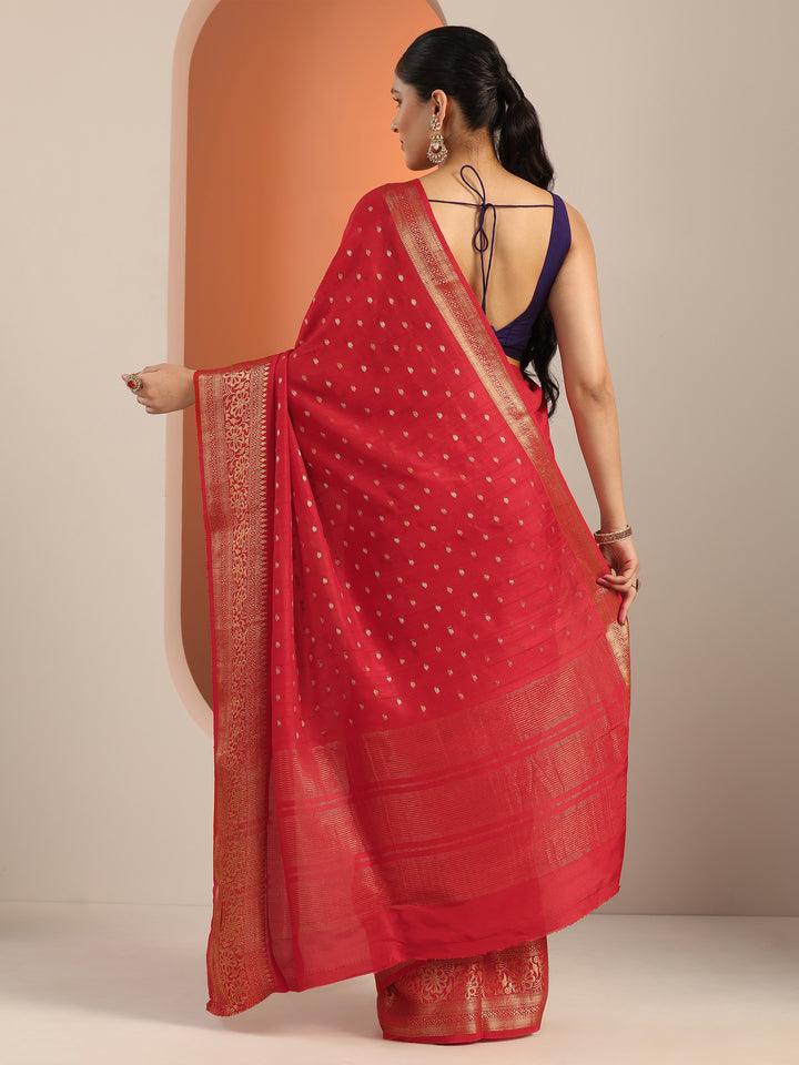 Red Woven Design Silk Blend Saree With Unstitched Blouse Piece