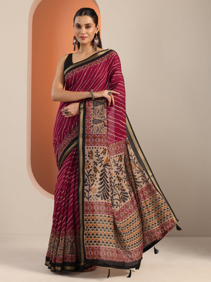 Maroon Printed Cotton Blend Saree With Unstitched Blouse Piece