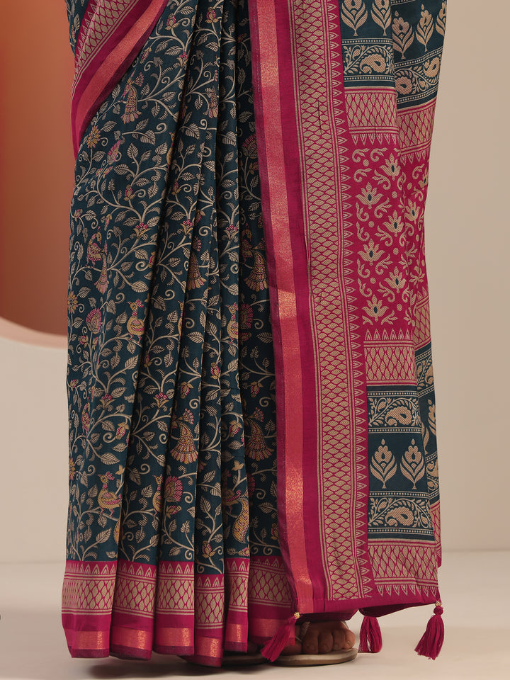 Teal Printed Cotton Blend Saree With Unstitched Blouse Piece