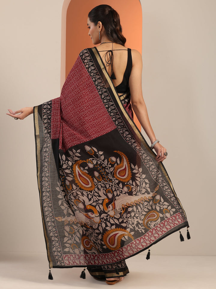 Red Printed Cotton Blend Saree With Unstitched Blouse Piece