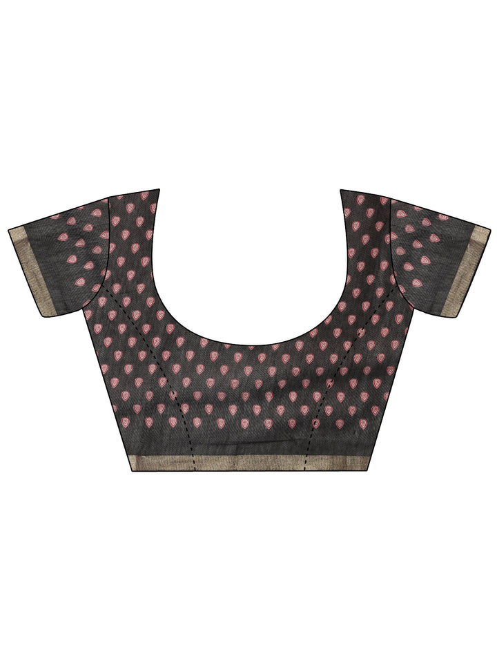 Red Printed Cotton Blend Saree With Unstitched Blouse Piece