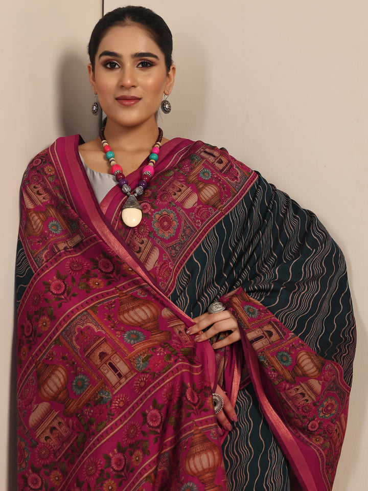 Teal Printed Cotton Blend Saree With Unstitched Blouse Piece
