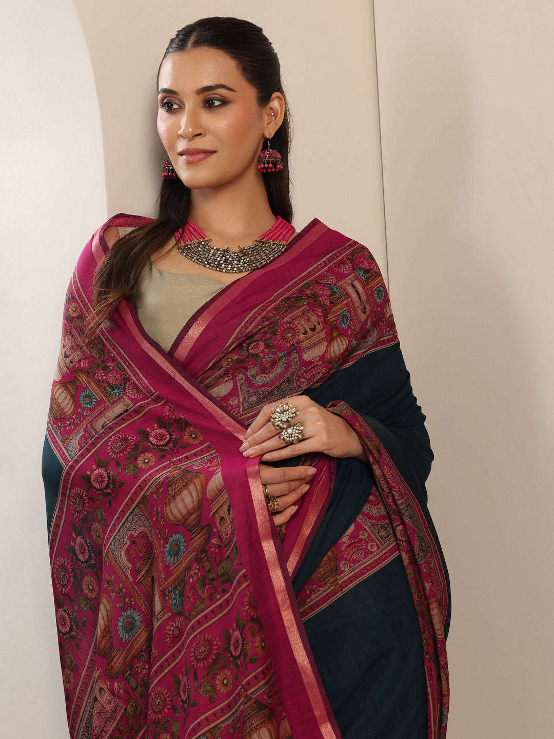 Teal Solid Cotton Blend Saree With Unstitched Blouse Piece