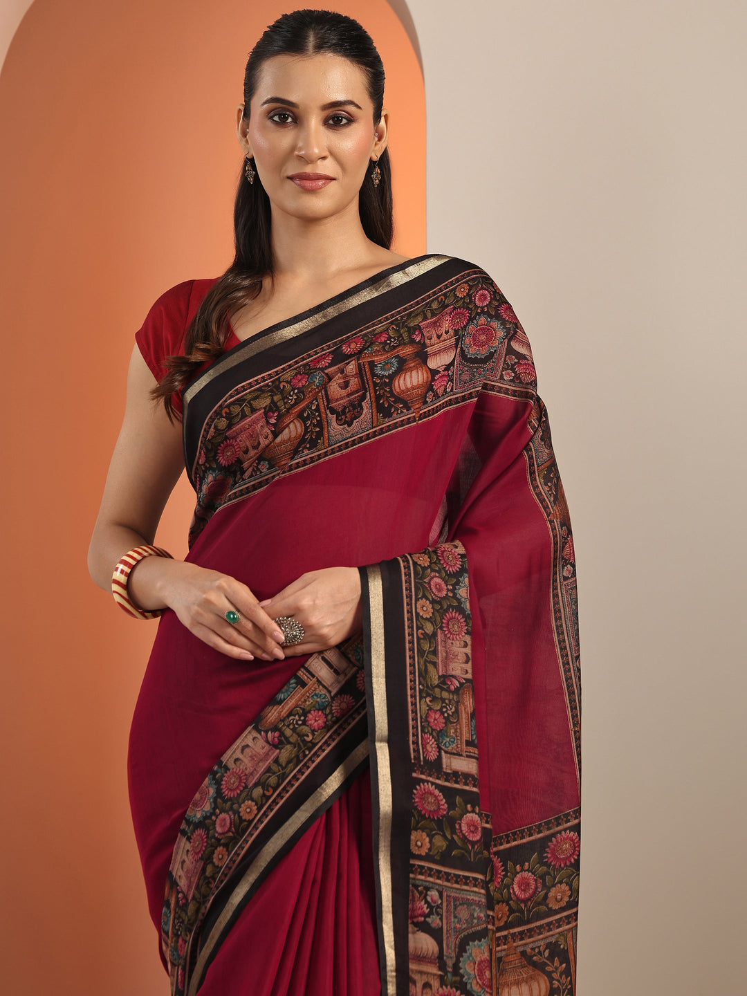 Maroon Solid Cotton Blend Saree With Unstitched Blouse Piece
