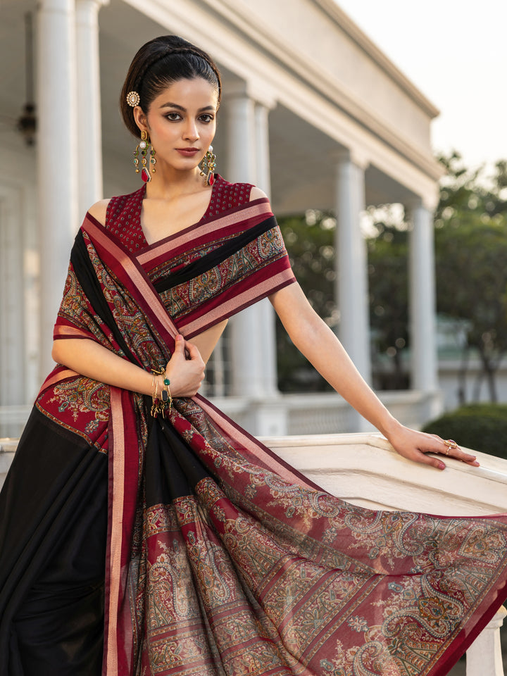 Black Printed Cotton Saree With Unstitched Blouse Piece