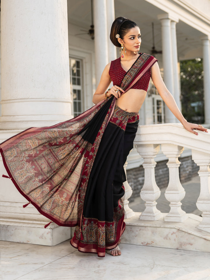 Black Printed Cotton Saree With Unstitched Blouse Piece