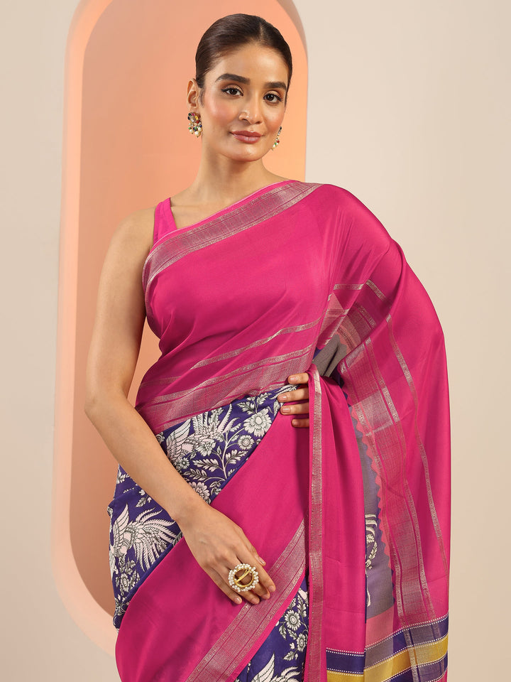 Purple Printed Crepe Saree With Unstitched Blouse Piece