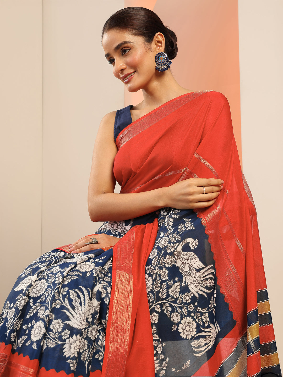 Blue Printed Crepe Saree With Unstitched Blouse Piece
