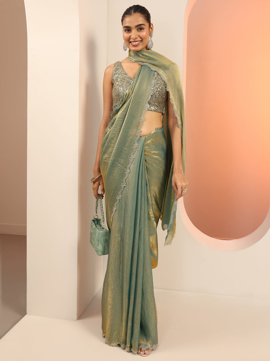Teal Solid Satin Saree With Unstitched Blouse Piece