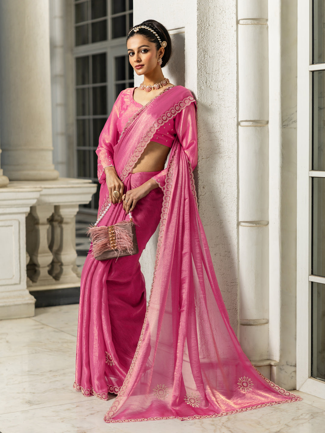Pink Embellishments Jimmy Choo Satin Saree With Unstitched Blouse Piece