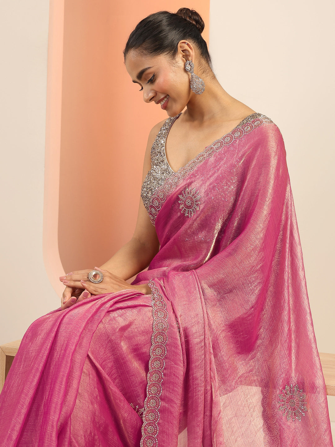 Pink Embellishments Satin Saree With Unstitched Blouse Piece