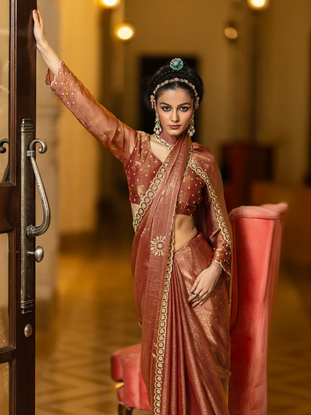 Rust Embellished Jimmy Choo Satin Saree With Unstitched Blouse Piece