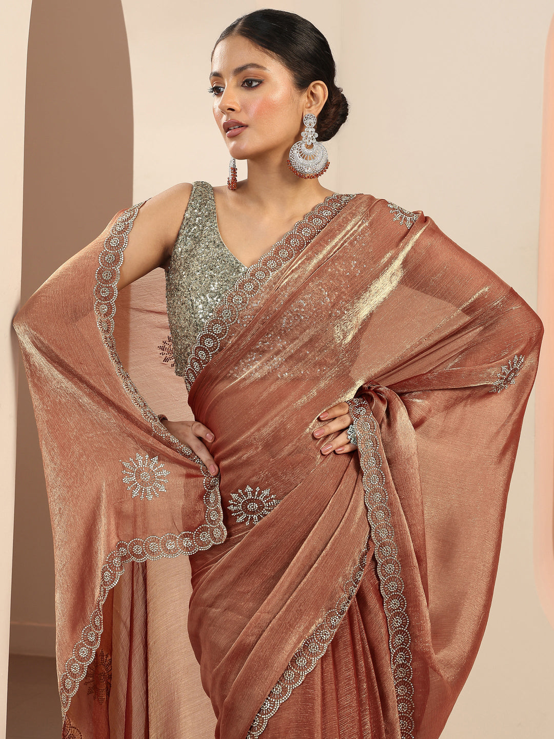 Rust Embellishments Satin Saree With Unstitched Blouse Piece