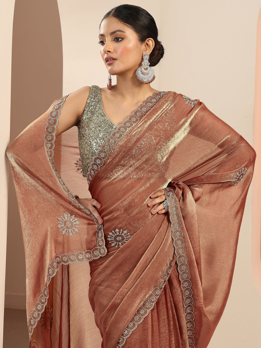 Rust Embellished Jimmy Choo Satin Saree With Unstitched Blouse Piece