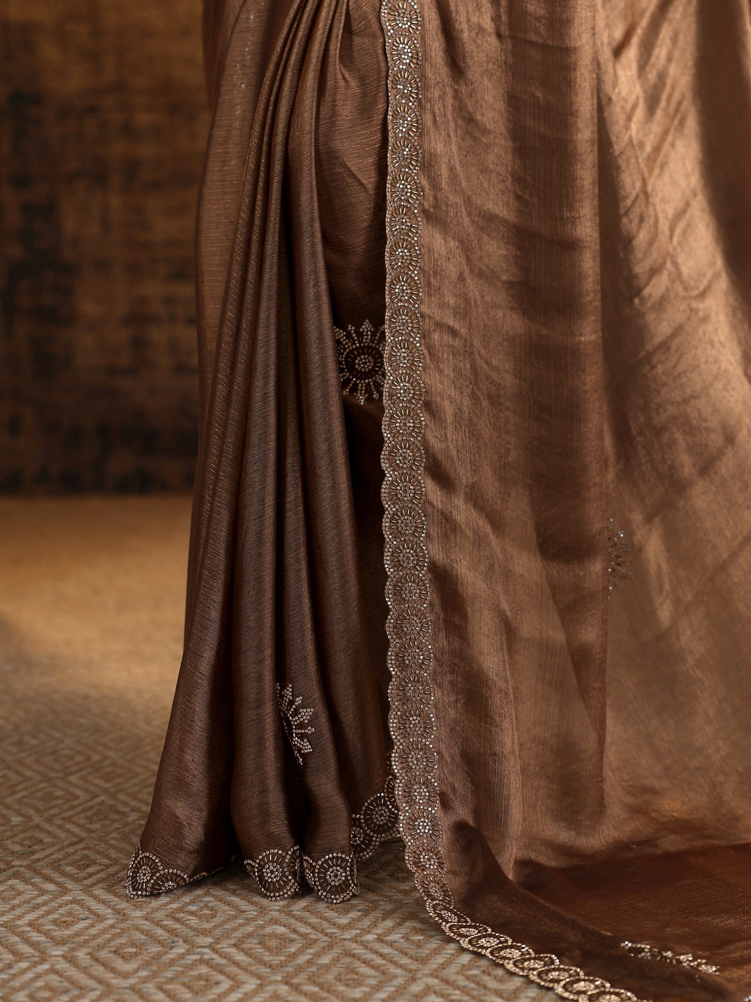 Brown Printed Satin Saree With Unstitched Blouse Piece