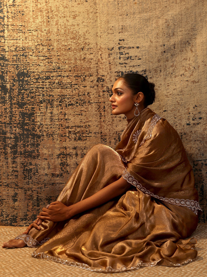 Brown Printed Satin Saree With Unstitched Blouse Piece