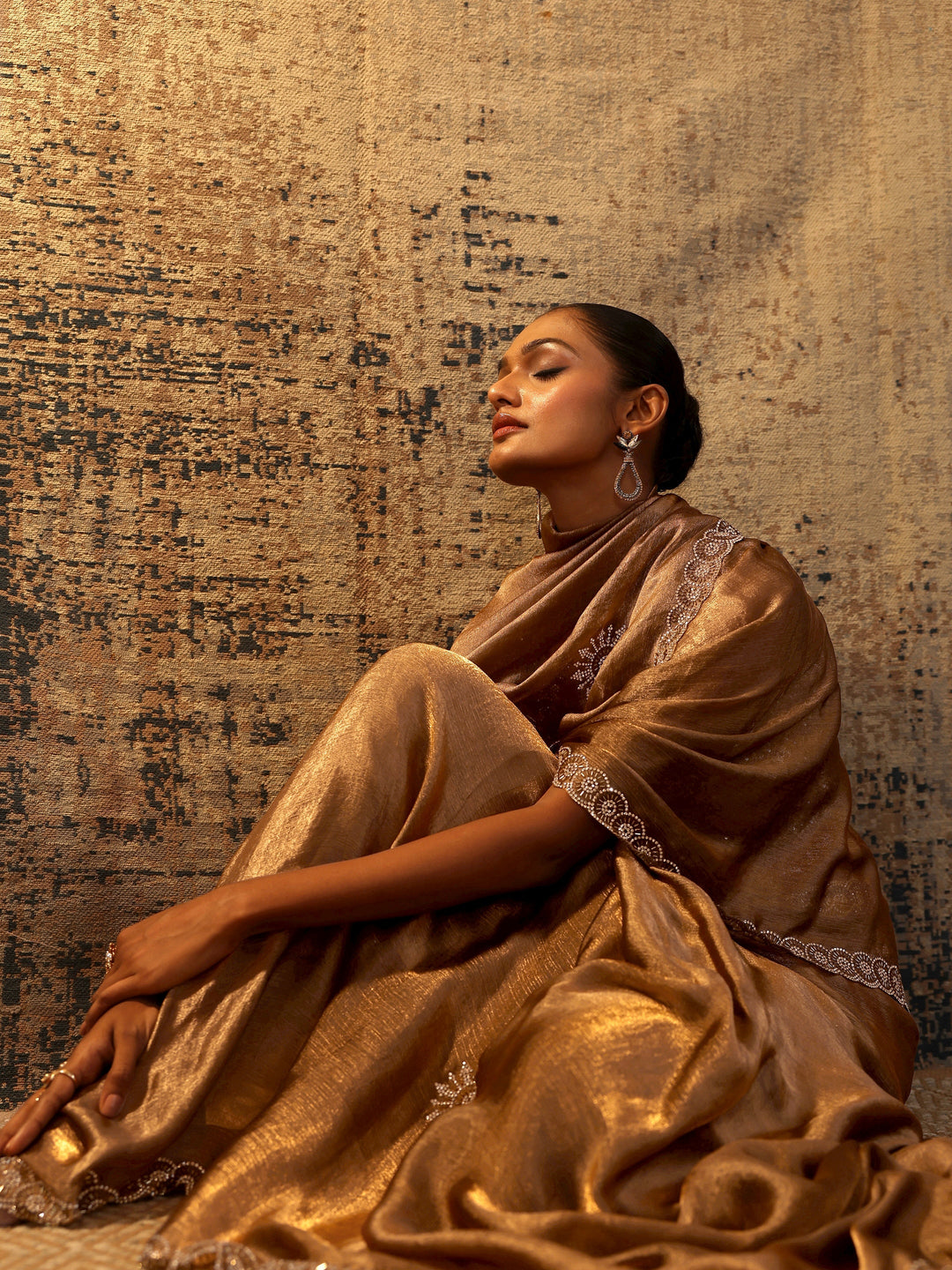 Brown Printed Satin Saree With Unstitched Blouse Piece