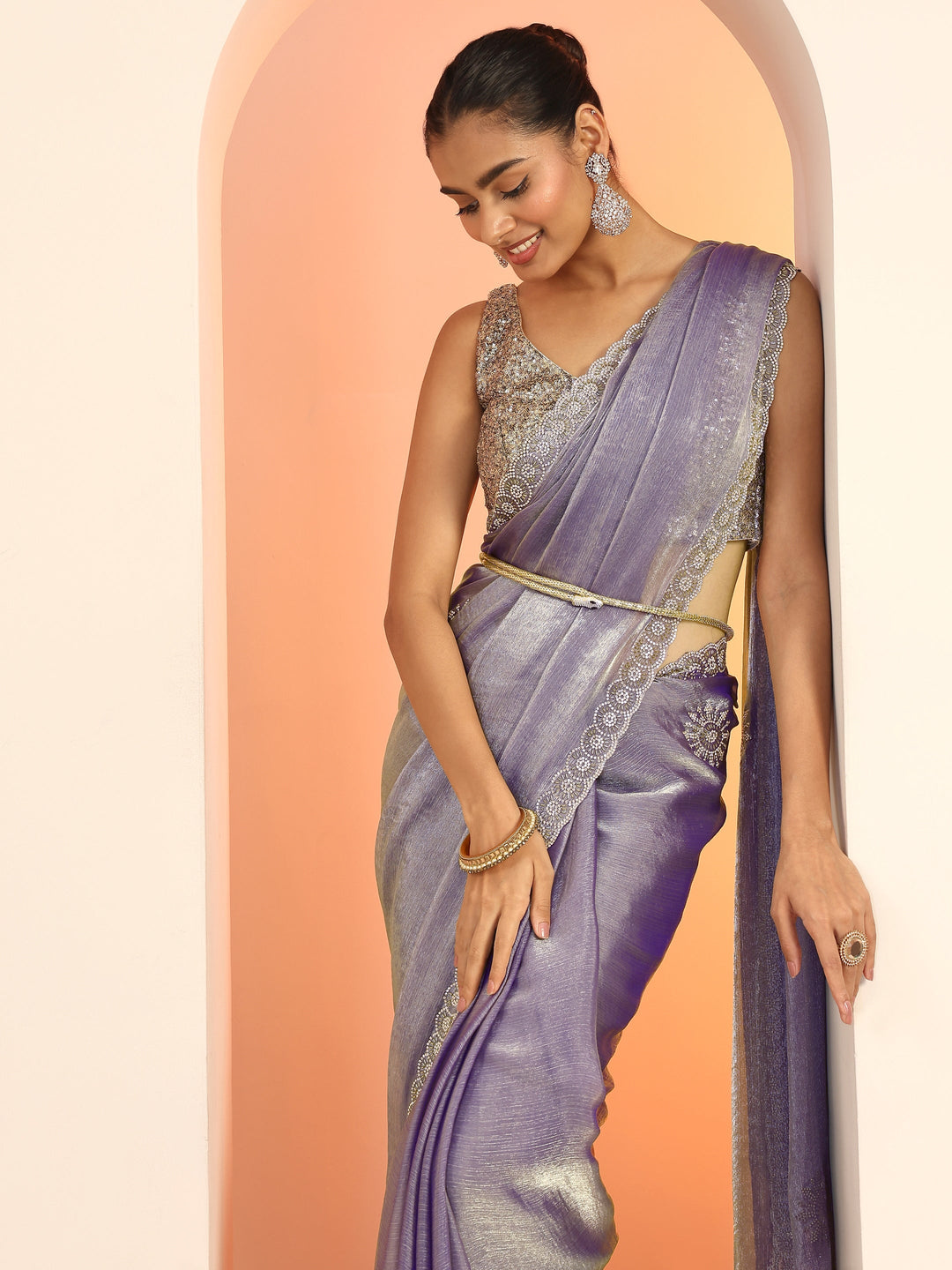 Purple Embellishments Satin Saree With Unstitched Blouse Piece