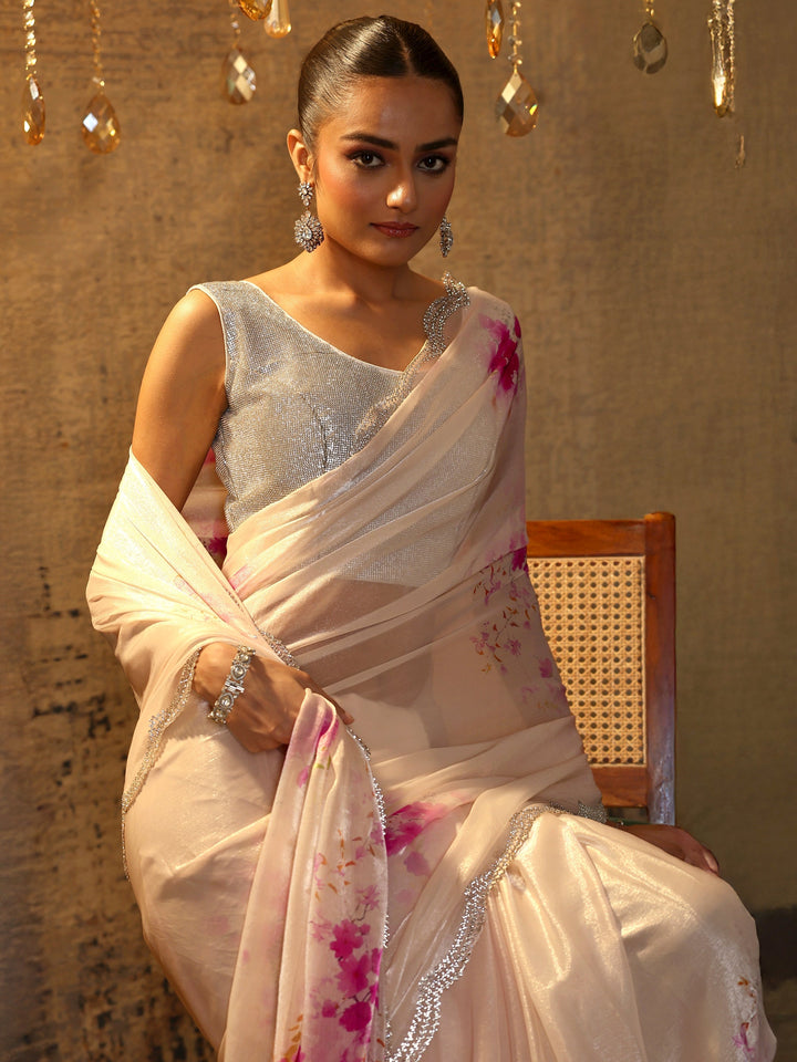 Pink Printed Satin Saree With Unstitched Blouse Piece