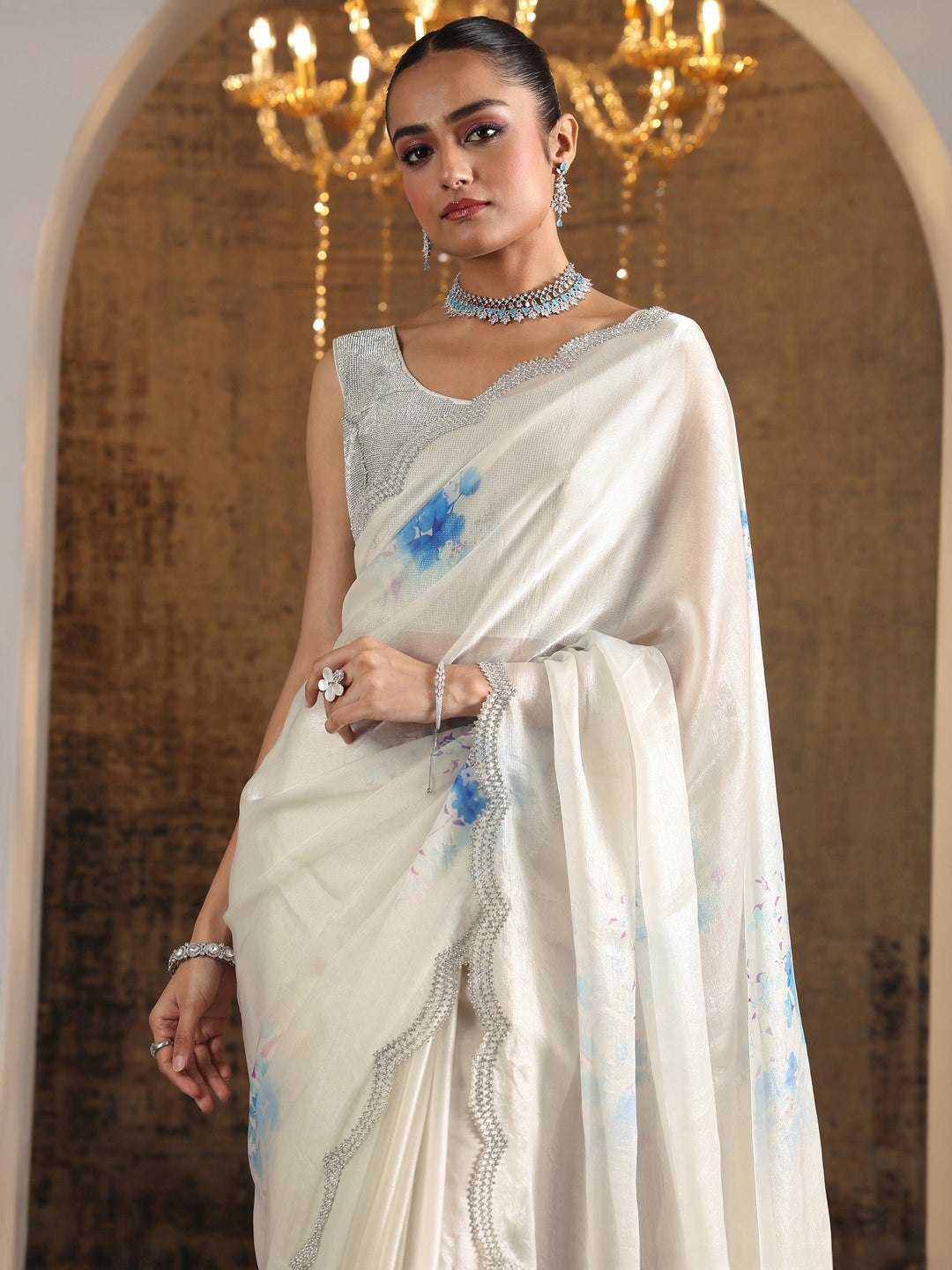 Blue Printed Satin Saree With Unstitched Blouse Piece