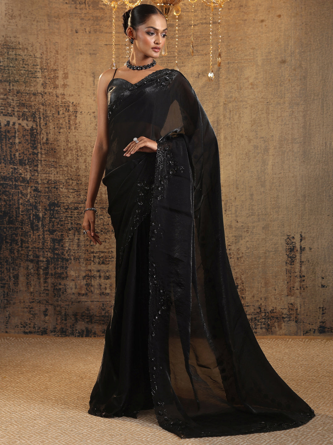 Black Solid Satin Saree With Unstitched Blouse Piece