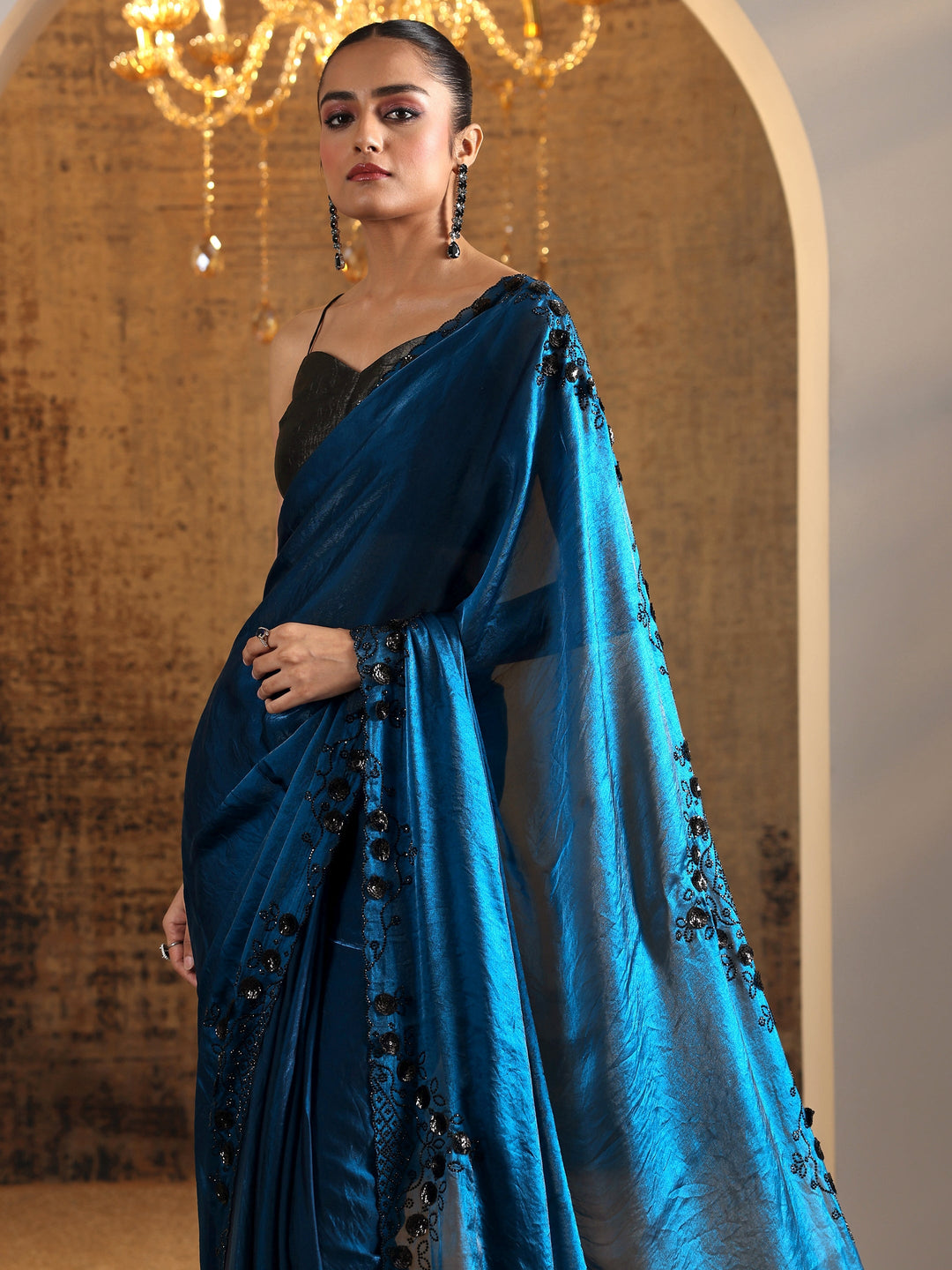 Navy Blue Solid Satin Saree With Unstitched Blouse Piece