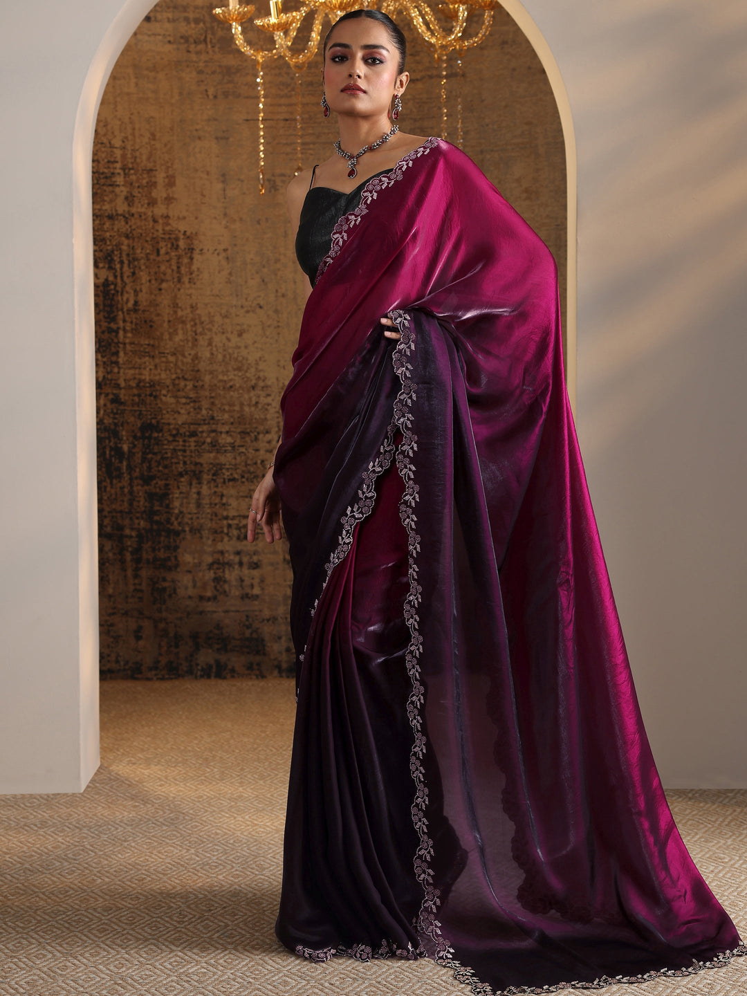 Burgundy Solid Satin Saree With Unstitched Blouse Piece